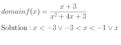 The domain of f(x)=(x+3)/(x^2+4x+3) is x<-3\lor-3<x<-1\lor x>-1
